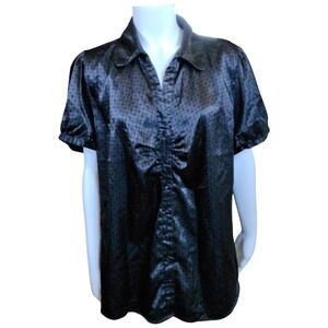 Apt 9 Womens 2X Black Polka Dot Satin Short Sleeve Button Down Blouse Top